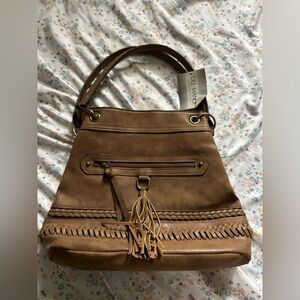 NWT Del Mano Cognac Boho Hobo Bag with Woven Details & Tassel